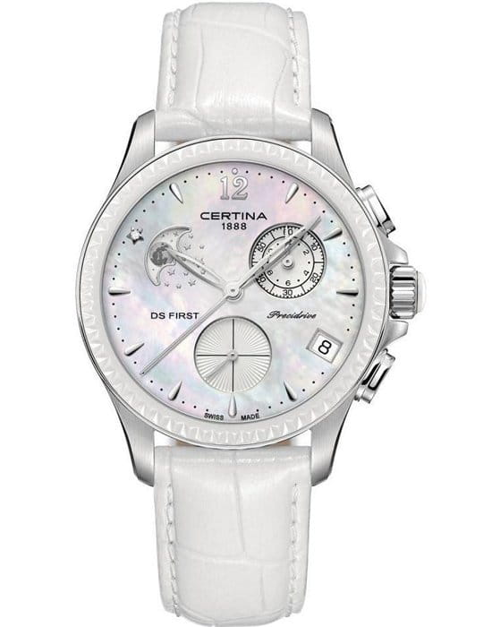 Certina Certina DS First Lady Chronograph Moon Phase C030.250.16.106.00 DS First C0302501610600 кварцевые женские часы перламутровый циферблат, браслет кожаный — вид спереди